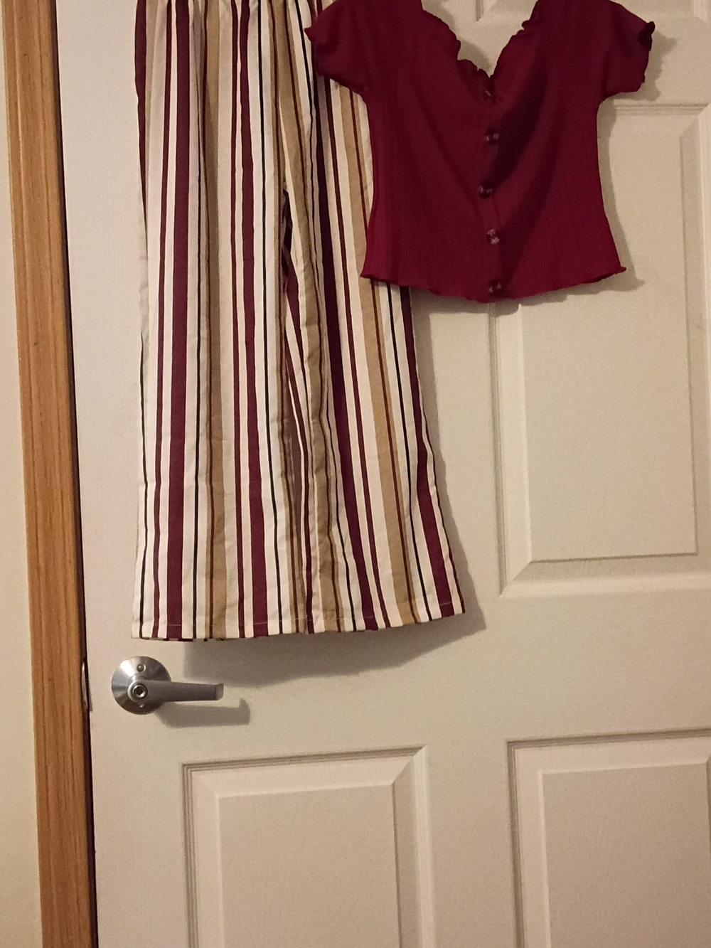 Burgundy Button-Front Crop Top & Striped Maxi Pants With Belt Set